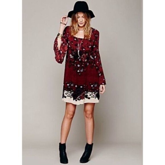 Free People Dresses & Skirts - RARE Free People Floral Burgundy Bell Slv Mini Dress | Grunge Fairy Whimsigoth S